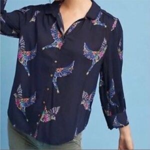 Anthropologie Maeve Aldan Blouse/Top-Navy Blue/Floral Birds-Ruffle Trim-Size XS